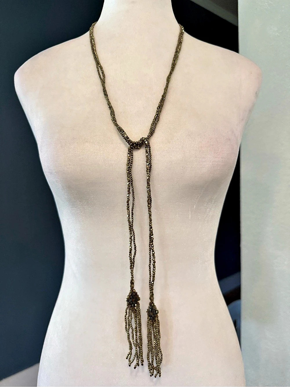 Antique Gold Beaded Lariat Necklace Tassel Fringe Boho Statement